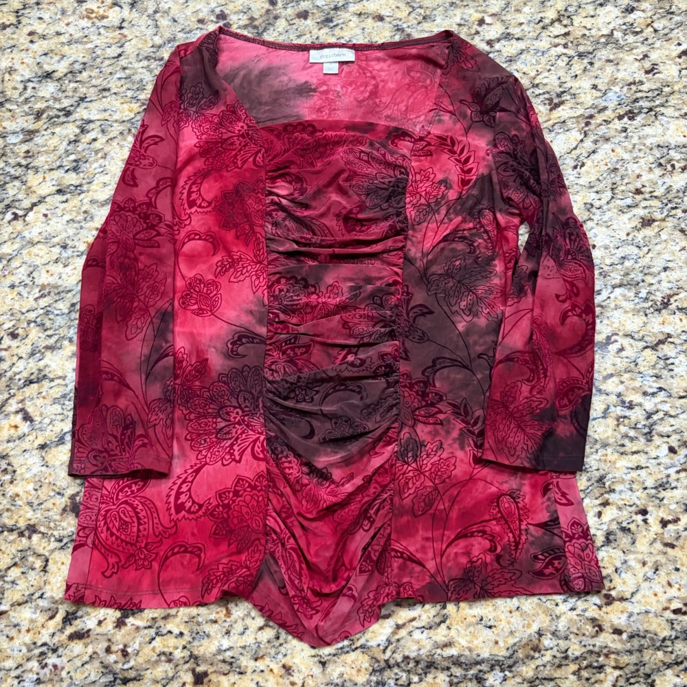 Dressbarn Womens Red Paisley Mesh Ruched Blouse 3/4 Sleeve Top Size M v